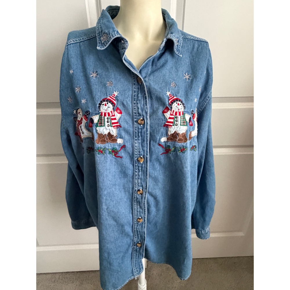 Bobbie Brooks Snowman Embroidered Denim Shirt XL Vintage Cabincore Christmas